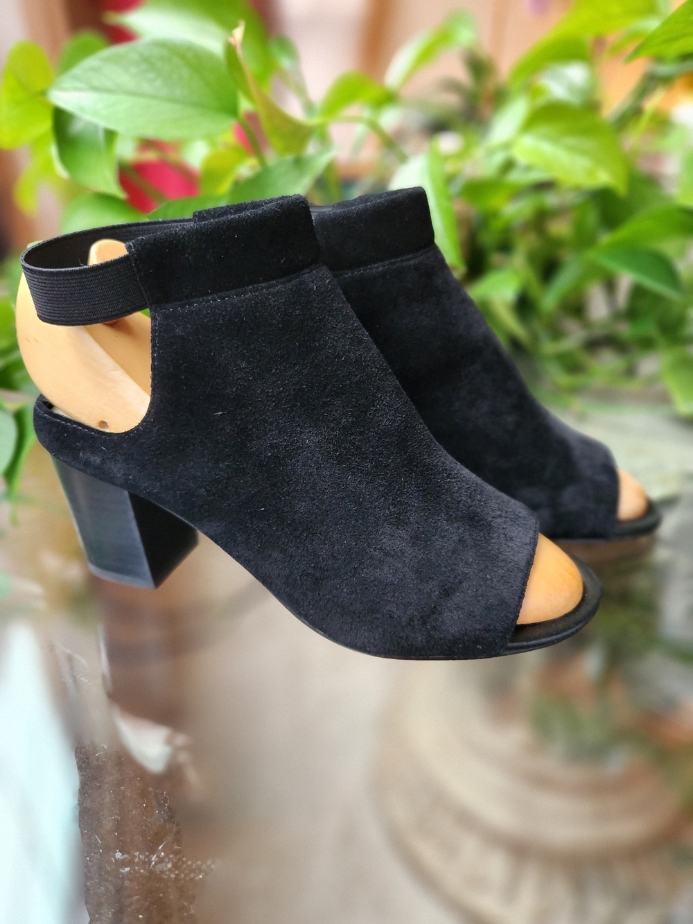 Saks Fifth Avenue Black Suede Open Toe Bootie Block Heel Sandal Shoes NWOB New